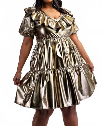 The Curve La Plus Size Faux Leather Tiered Puff Sleeve Short Dress In Gold