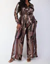 The Curve La Plus Size Foil Knit Long Sleeve Shirt Top And Wide Leg Pants Set In Copper/black In Burgundy