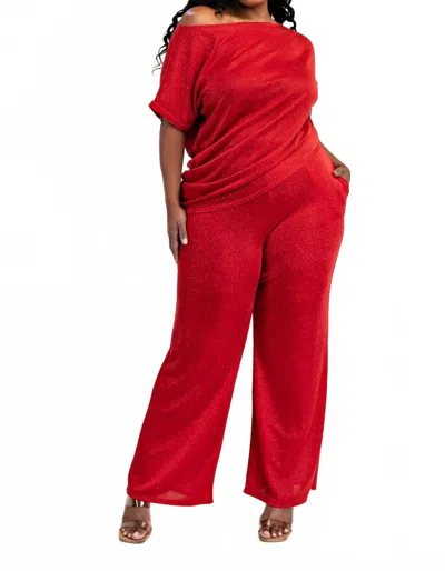 The Curve La Plus Size Glitter Knit Short Sleeve Top And Wide Leg Pants Set In Red/red In Multi