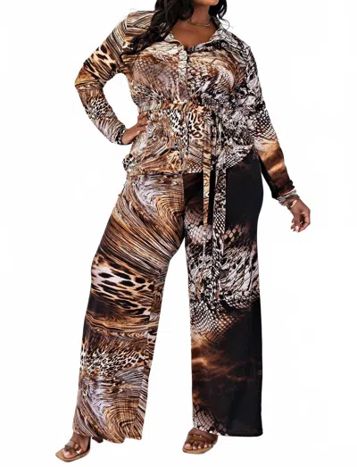 The Curve La Plus Size Knit Long Sleeve Shirt Top And Wide Leg Pants Set In Black/taupe In Multi