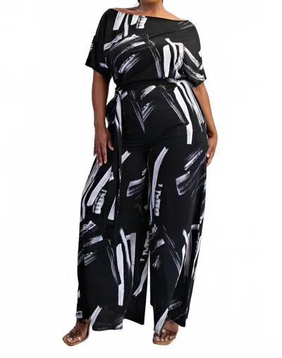 The Curve La Plus Size Knit Off The Shoulder Wide Leg Jumpsuit In Black/white In Multi