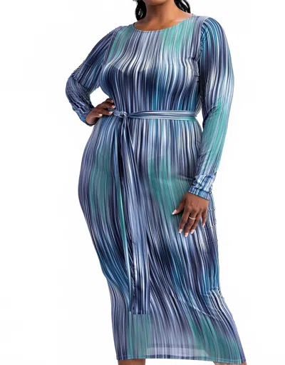 The Curve La Plus Size Long Sleeve Midi Dress With Self-tie Belt In Blue Multi