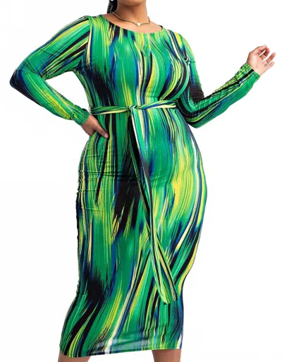 The Curve La Plus Size Long Sleeve Midi Dress With Self-tie Belt In Green Multi