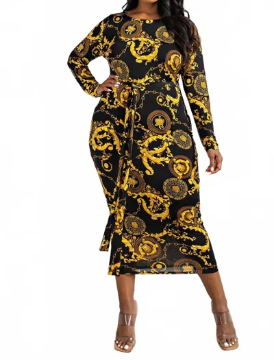 The Curve La Plus Size Long Sleeve Midi Dress With Tie Belt In Black/yellow In Multi