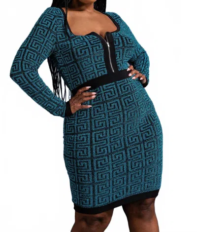 The Curve La Plus Size Monogram-pattern Zip-up Dress In Turquise/black In Multi