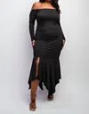 The Curve La Plus Size Off Shoulder Metallic Knit Dress With Slit In Black In Black