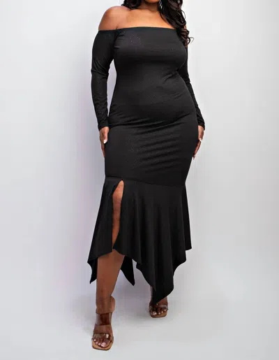 The Curve La Plus Size Off Shoulder Metallic Knit Dress With Slit In Black
