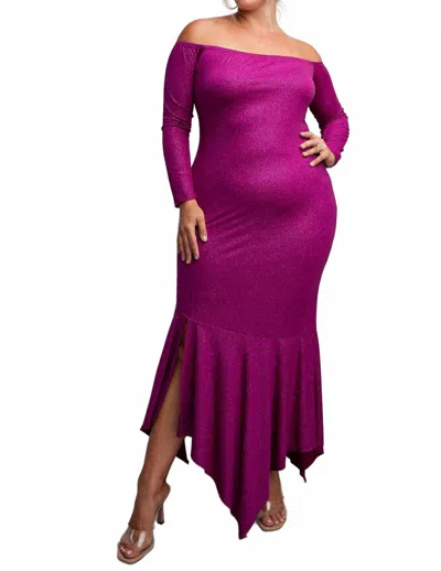 The Curve La Plus Size Off Shoulder Metallic Knit Dress With Slit In Magenta In Purple