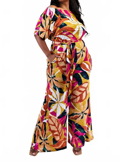 The Curve La Plus Size Off The Shoulder Wide Leg Jumpsuit In Magenta/taupe In Multi