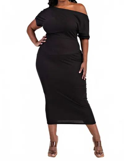 The Curve La Plus Size Ribbed Knit Off Shoulder Knit Midi Dress In Black
