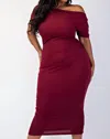 The Curve La Plus Size Ribbed Knit Off Shoulder Knit Midi Dress In Burgundy In Multi