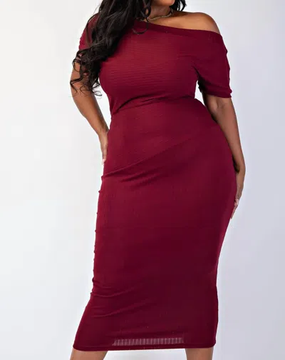 The Curve La Plus Size Ribbed Knit Off Shoulder Knit Midi Dress In Burgundy In Multi