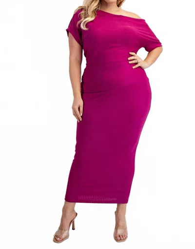 The Curve La Plus Size Ribbed Knit Off Shoulder Knit Midi Dress In Magenta In Pink