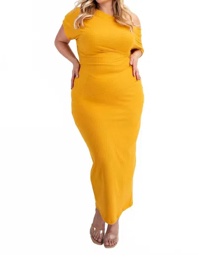 The Curve La Plus Size Ribbed Knit Off Shoulder Knit Midi Dress In Mustard In Yellow