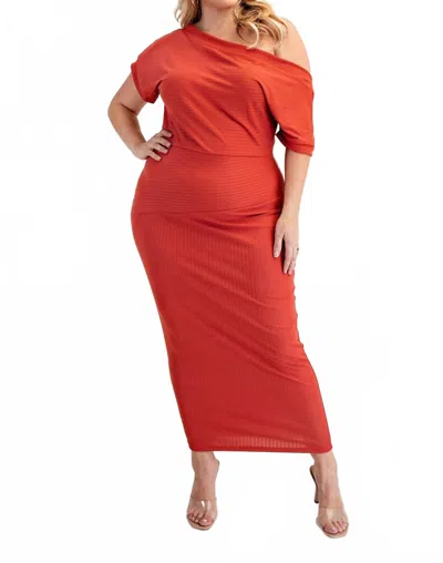 The Curve La Plus Size Ribbed Knit Off Shoulder Knit Midi Dress In Rust In Pink