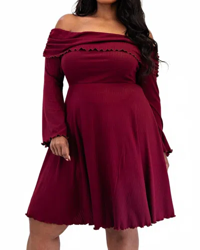 The Curve La Plus Size Ribbed Knit Off Shoulder Knit Short Dress In Burgundy
