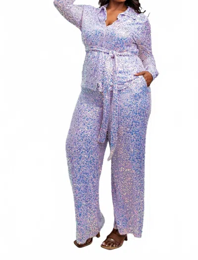 The Curve La Plus Size Sequins Shirt And Wide-leg Pants Set In Lavender In Blue