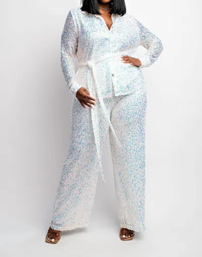 The Curve La Plus Size Sequins Shirt And Wide-leg Pants Set In Off White