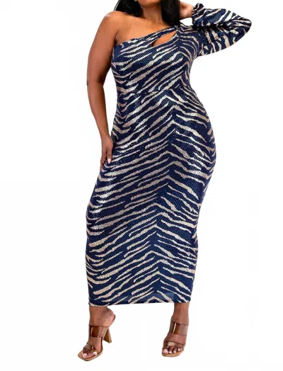 The Curve La Plus Size Sequns Knit One Shoulder Dress With Cutout In Royal/r. Gold In Multi