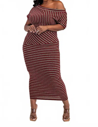The Curve La Plus Size Stripe Lurex Knit Off Shoulder Knit Midi Dress In Red/gold/black In Multi