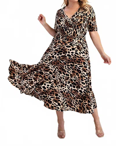 The Curve La Plus Size Surplice Midi Dress With Full Skirt In Black/taupe In Animal Print