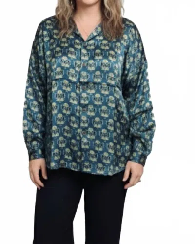 The Devi Shop Silk Button Down Blouse In Black/green/ Blue