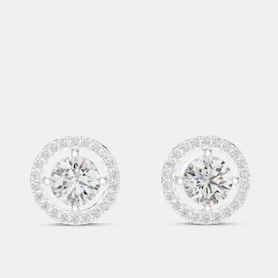 Pre-owned The Diamond Edit 1.00 Ct Round 18k White Gold Solitaire Lab Grown Diamond Single Halo Earrings