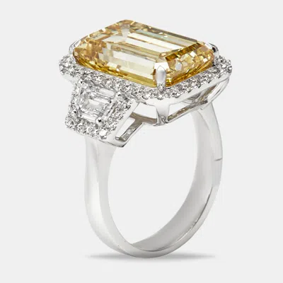 Pre-owned The Diamond Edit 11.6 Cts Yellow Emerald Cut And Round Lab Grown Diamond 18k White Gold Ring Size 54