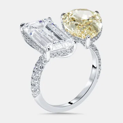 Pre-owned The Diamond Edit 12.8 Cts Fancy Yellow Pear Emerald Cut Round Lab Grown Diamonds 18k White Gold Ring Size 52