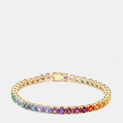 Pre-owned The Diamond Edit 14 Cts Rainbow Sapphire Round Cut Gemstones 18k Yellow Gold Tennis Bracelet