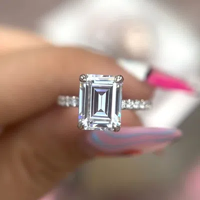 Pre-owned The Diamond Edit 1.5 Cts Lab Grown Diamond Emerald 14k White Gold Wedding Ring Size 52