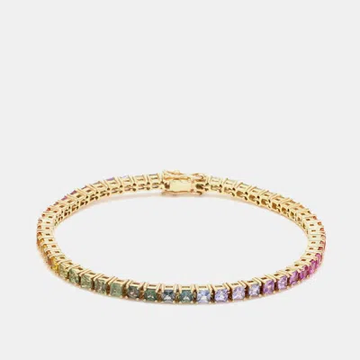 Pre-owned The Diamond Edit 16 Cts Rainbow Princess Cut Gemstones 18k Yellow Gold Tennis Bracelet