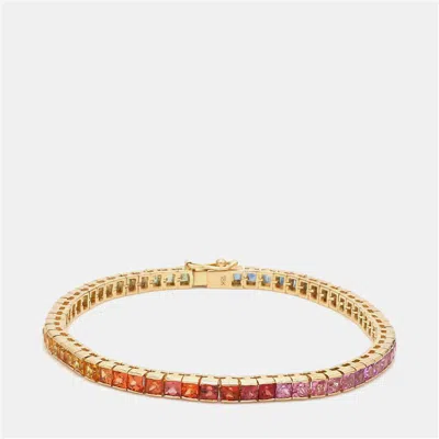 Pre-owned The Diamond Edit 16 Cts Rainbow Sapphire Princess Cut Gemstones 18k Yellow Gold Tennis Bracelet