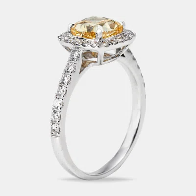 Pre-owned The Diamond Edit 2.00 Cts Yellow Cushion And Round Lab Grown Diamond 18k White Gold Ring Size 51