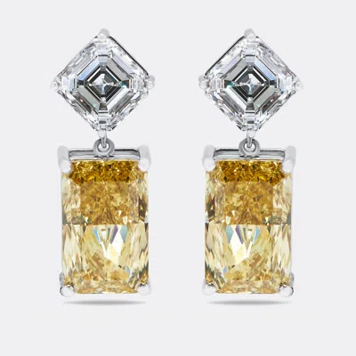 Pre-owned The Diamond Edit 28.2 Cts Fancy Yellow Radiant Asscher Lab Grown Diamonds 18k White Gold Earrings
