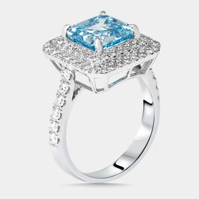 Pre-owned The Diamond Edit 3.9 Cts Vivid Blue Asscher Round Lab Grown Diamonds 18k White Gold Ring Size 54