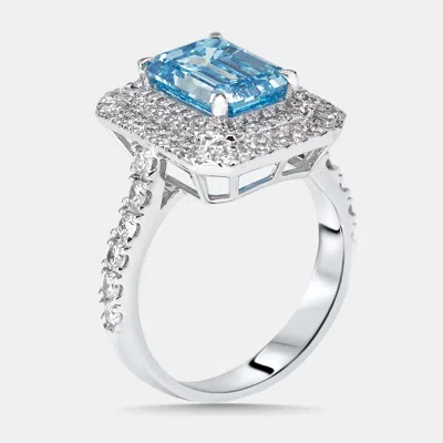 Pre-owned The Diamond Edit 3.9 Cts Vivid Blue Emerald Round Lab Grown Diamonds 18k White Gold Ring Size 55