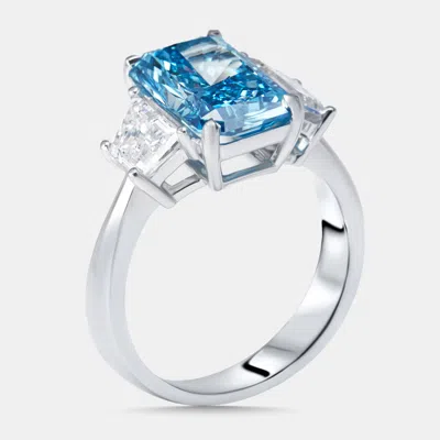 Pre-owned The Diamond Edit 4 Cts Vivid Blue Radiant Trapazoid Lab Grown Diamonds 18k White Gold Ring Size 54