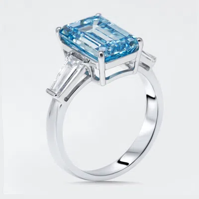 Pre-owned The Diamond Edit 5.8 Cts Vivid Blue Emerald Cut Trapezoid Lab Grown Diamonds 18k White Gold Ring Size 55