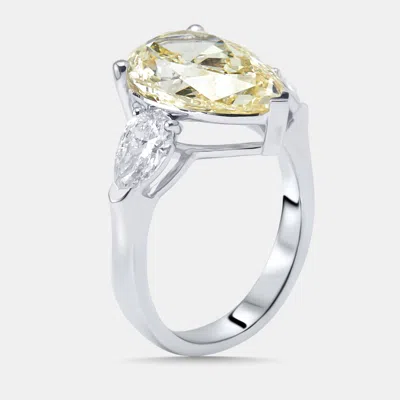 Pre-owned The Diamond Edit 6.3 Cts Fancy Yellow Pear Lab Grown Diamonds 18k White Gold Ring Size 50