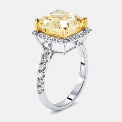 Pre-owned The Diamond Edit 7.2 Cts Yellow Cushion Round Lab Grown Diamonds 18k Two Tone Gold Ring Size 52