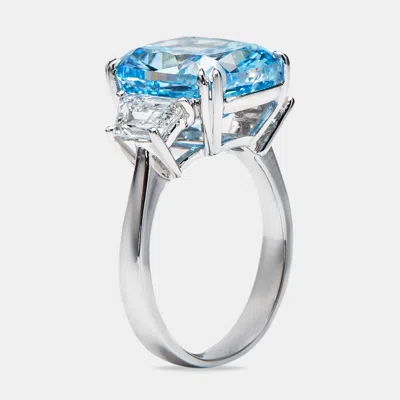 Pre-owned The Diamond Edit 9.30 Cts Blue Cushion Baguette 18k White Gold Lab Grown Diamond Ring Size 52