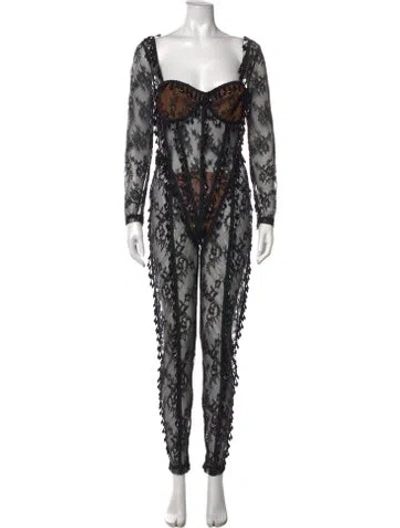 Pre-owned The Dolls House Lace Pattern Square Neckline Jumpsuit In Black
