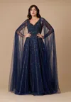 The Dress Outlet Cape Sleeve Heavy Beaded Couture Formal Dress In Blue