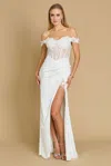 The Dress Outlet Fitted Corset Off The Shoulder Formal Prom Dress In White