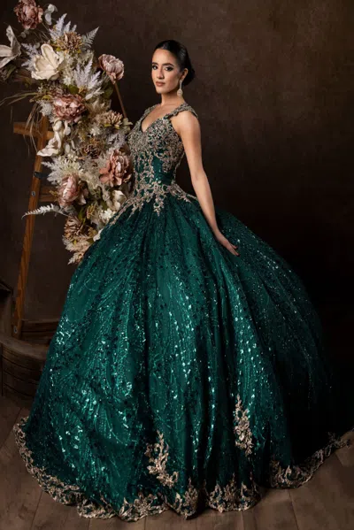 The Dress Outlet Long Cap Sleeve Quinceañera Ball Gown In Hunter Green