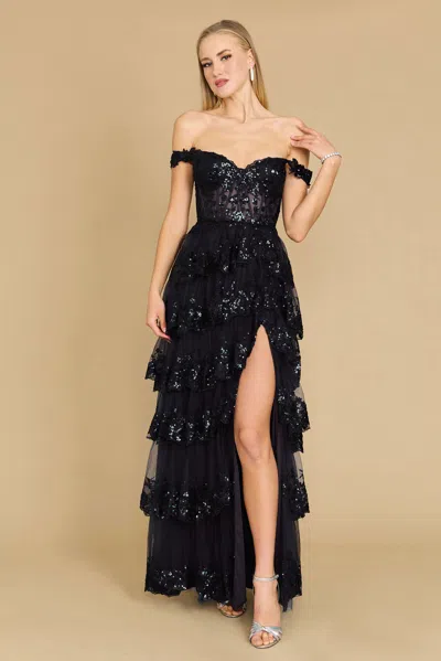 The Dress Outlet Long Sequin Sheer Corset Prom Dress In Black