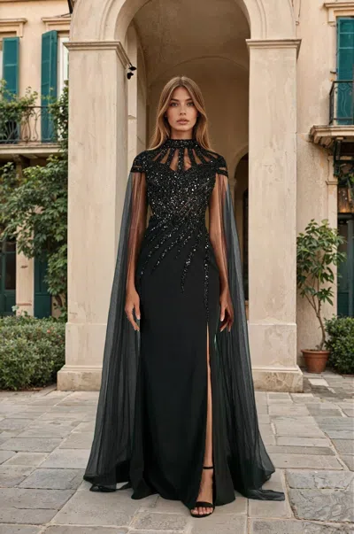 The Dress Outlet Luxury Couture Black Beaded Formal Dress