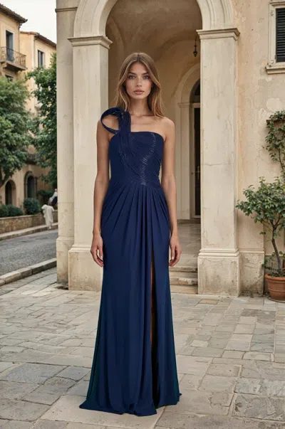 The Dress Outlet Navy Blue One-shoulder Formal Evening Dress