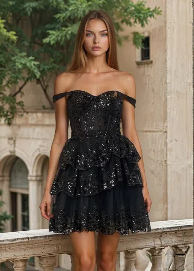 The Dress Outlet Short Sweet Heart Tiered Homecoming Prom Dress In Black